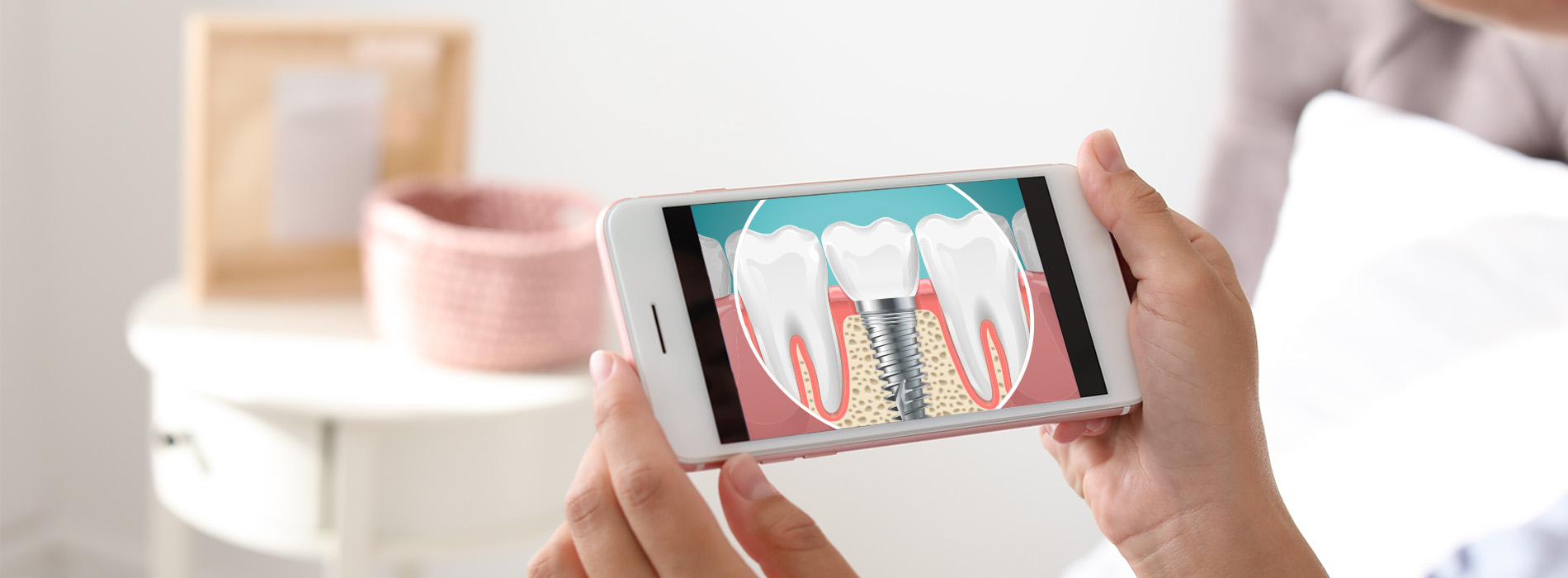 The image shows a hand holding a smartphone with an open case displaying a toothbrush and toothpaste, likely for dental care purposes.