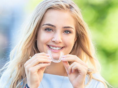 The image features two photographs of a young woman showing off her braces with a smile, one photo captures her from the front smiling at the camera while holding up a toothbrush, and the other shows her from the side with a slight frown as she holds a piece of dental floss.
