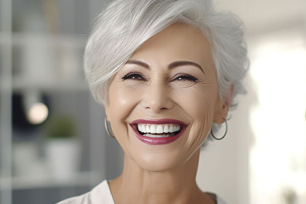 The image features a smiling woman with short hair, wearing makeup, including red lipstick, and dressed in a white top with her face turned slightly towards the camera.