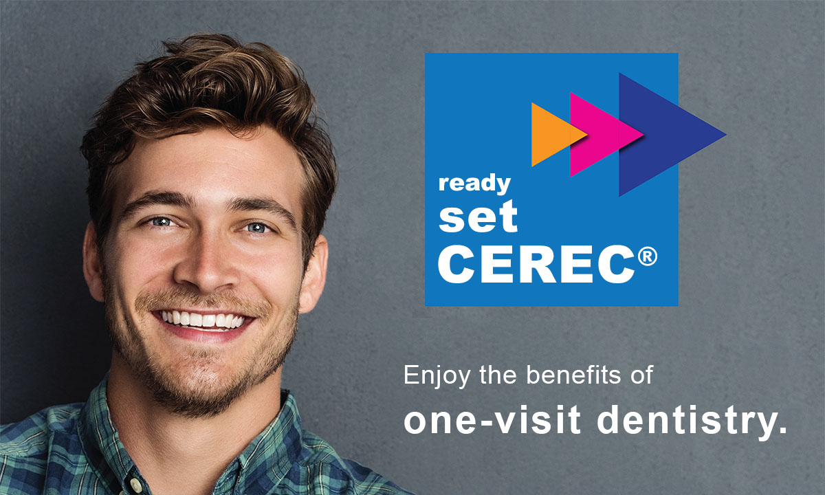 The image features a young man with a smile, advertising dental services at CEREC, with text indicating an offer for one visit dentistry and a benefit of enjoyment.