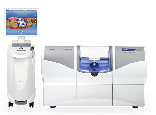 The image shows a set of advanced dental equipment on display, including a digital dental X-ray machine, a dental scanner, and a 3D model of a mouth with teeth, all presented against a white background.